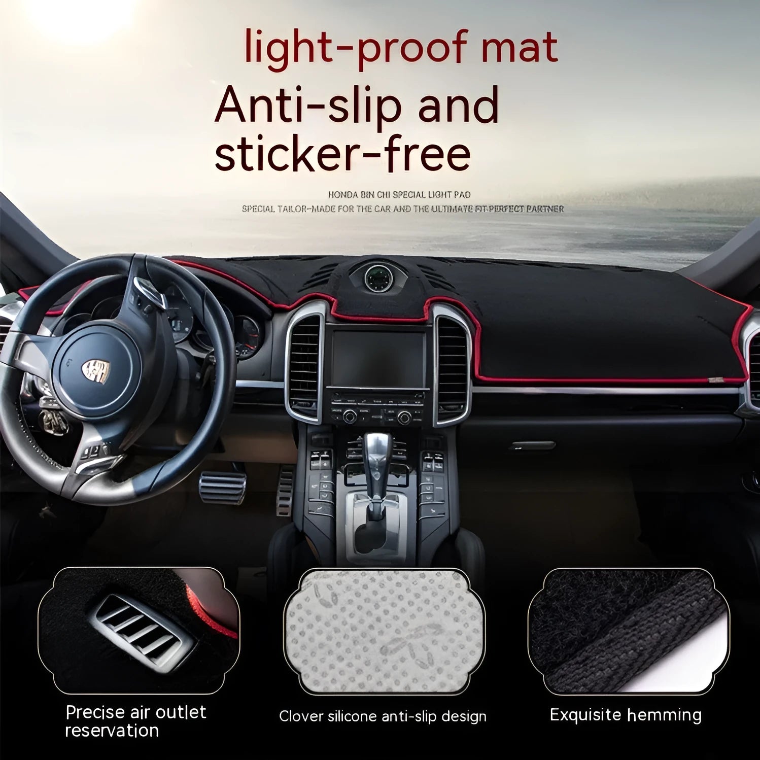 Silicone non-slip dashboard light proof pad for old Toyota Prado in black with coloured edge trim.