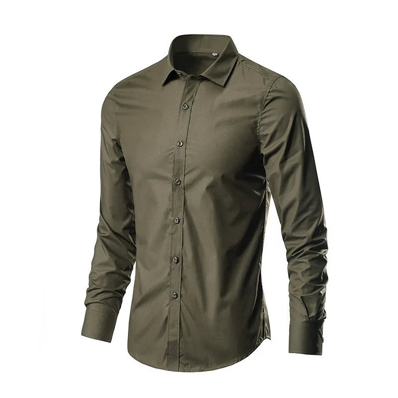 Men's loose-fit long-sleeve linen shirt on a hanger, shown in a neutral colour.