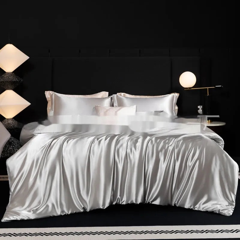 Silk bed sheets four-piece set in solid colour with flat sheet, fitted sheet and two pillowcases