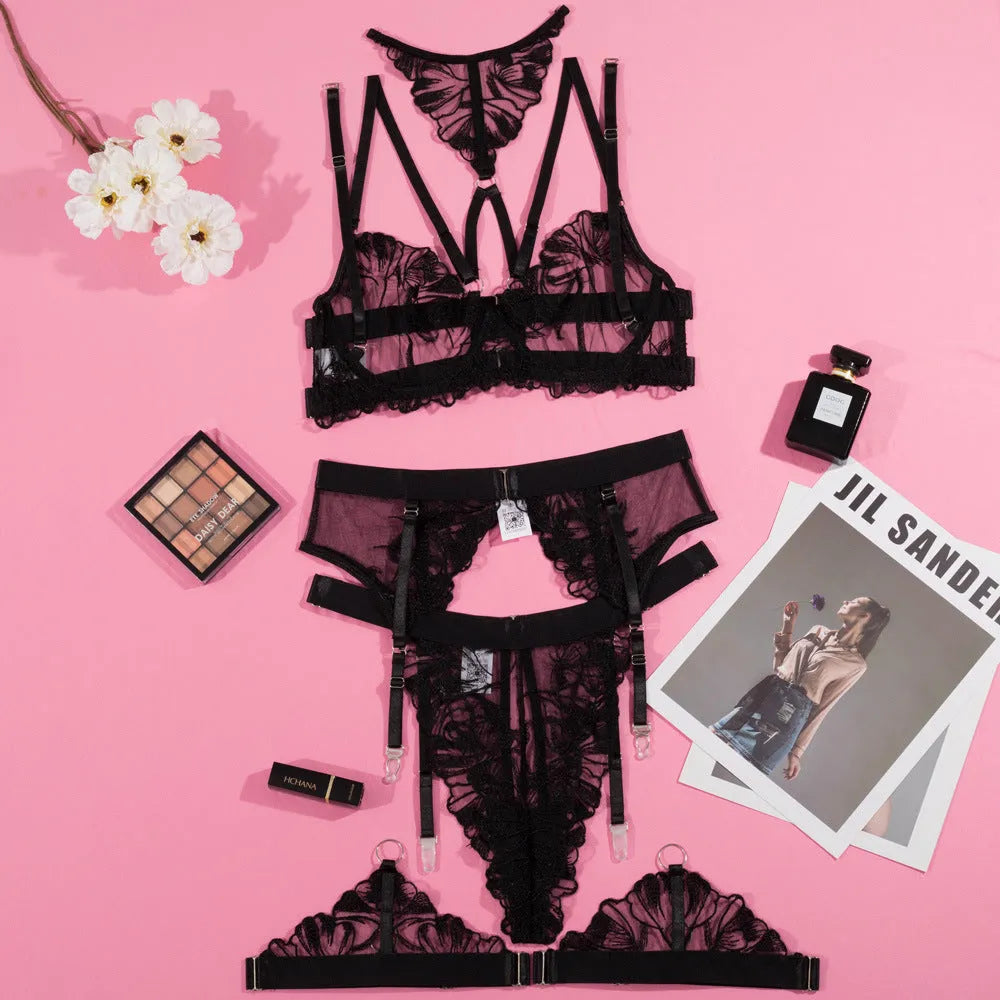 Black women's mesh bra with embroidery stitching and three-point design