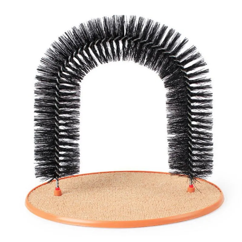 White plastic cat grooming arch with built-in brush bristles for scratching and self-grooming