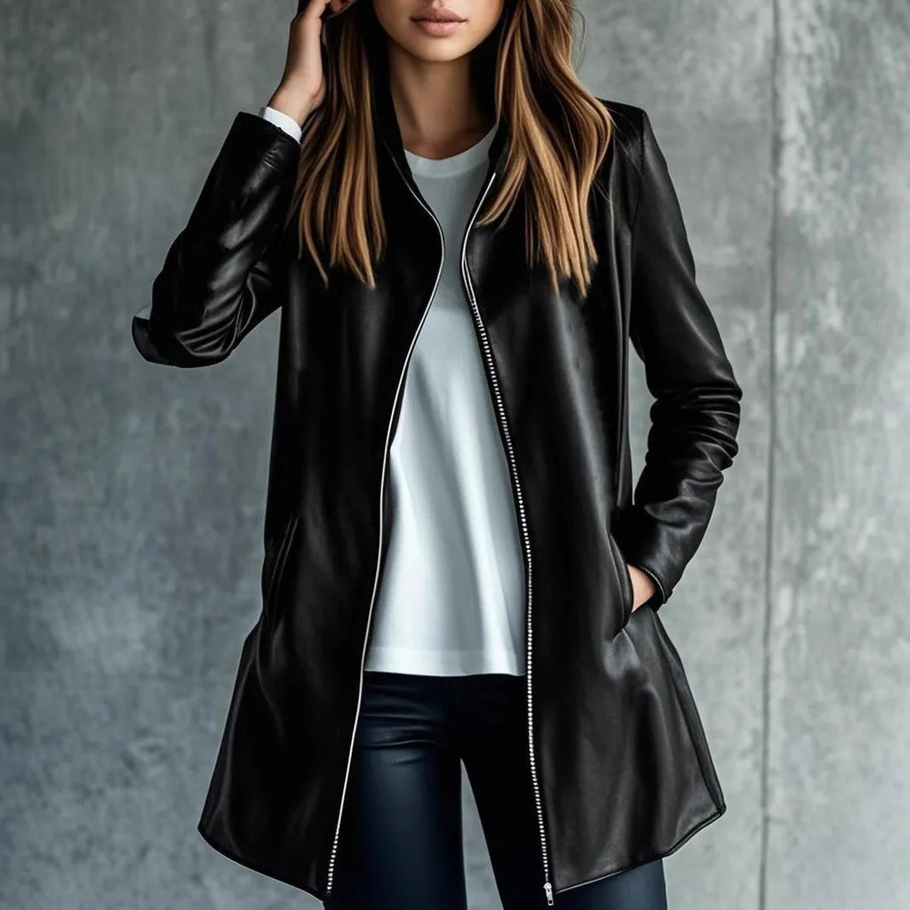 Women's solid black medium-length leather jacket with long sleeves laid flat.