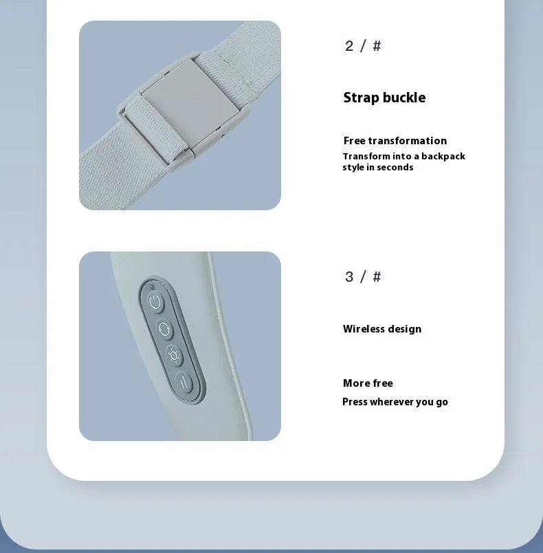 Grey elastic fabric neck massager with USB charging cable and infrared physiotherapy function