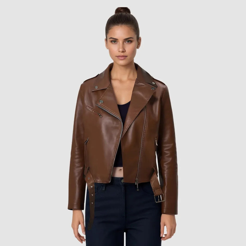 Women's red PU leather jacket with a lapel collar and a short black belt fastened at the waist.