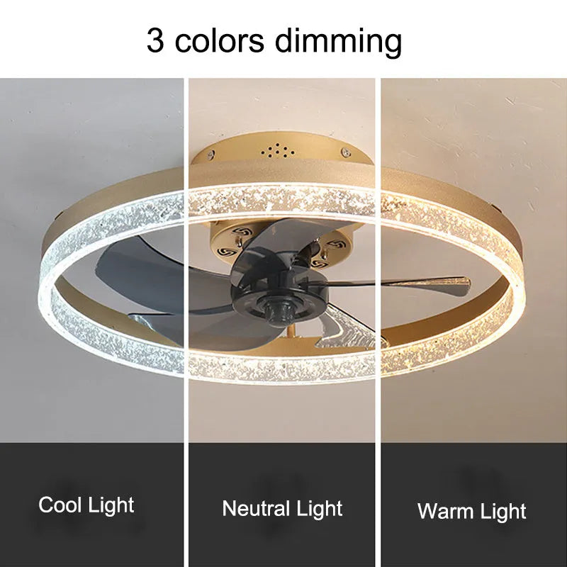 Nordic-style ceiling fan lamp with light and remote control, 50cm diameter in coffee gold finish.