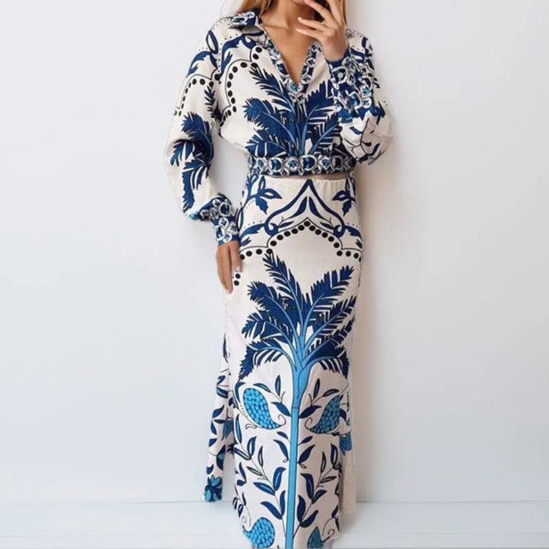 Women's flower print early spring casual set with long sleeve top and matching skirt in picture colour