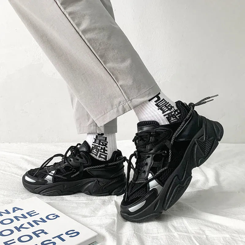 Men's Korean style white platform dad shoes with lace-up front and mesh lining.
