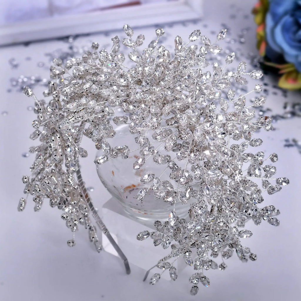Heavy handmade rhinestone ice and snow queen wedding crown in silver with crystal beaded headband
