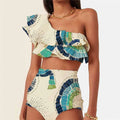 White women's one-shoulder swimsuit with a textured large lotus leaf design and double-layer construction.