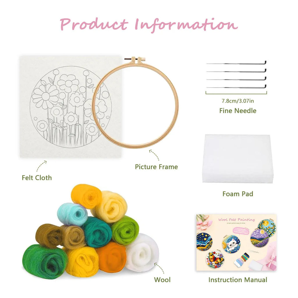 Round linen fabric embroidery kit with wool felt pieces for making a three-dimensional floral blanket painting, includes a free frame.