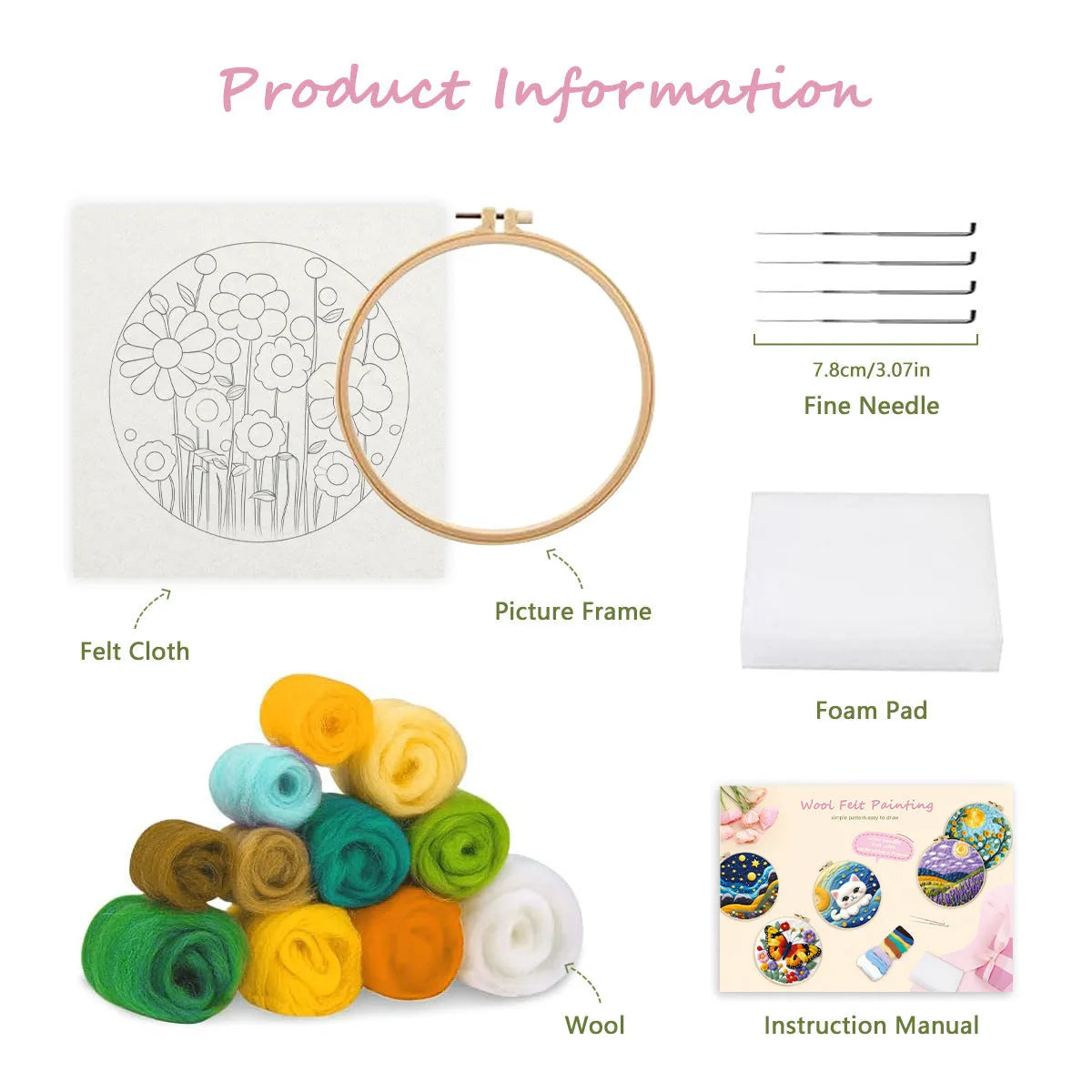 Round linen fabric embroidery kit with wool felt pieces for making a three-dimensional floral blanket painting, includes a free frame.