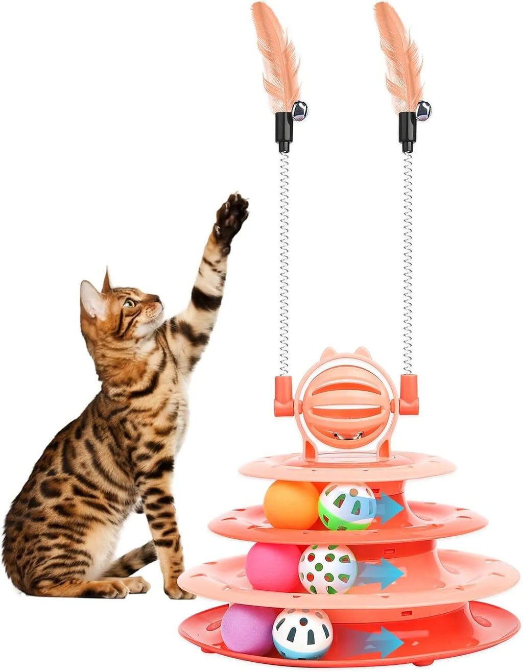 Blue 4-tier interactive cat puzzle toy with balls and teasing rods