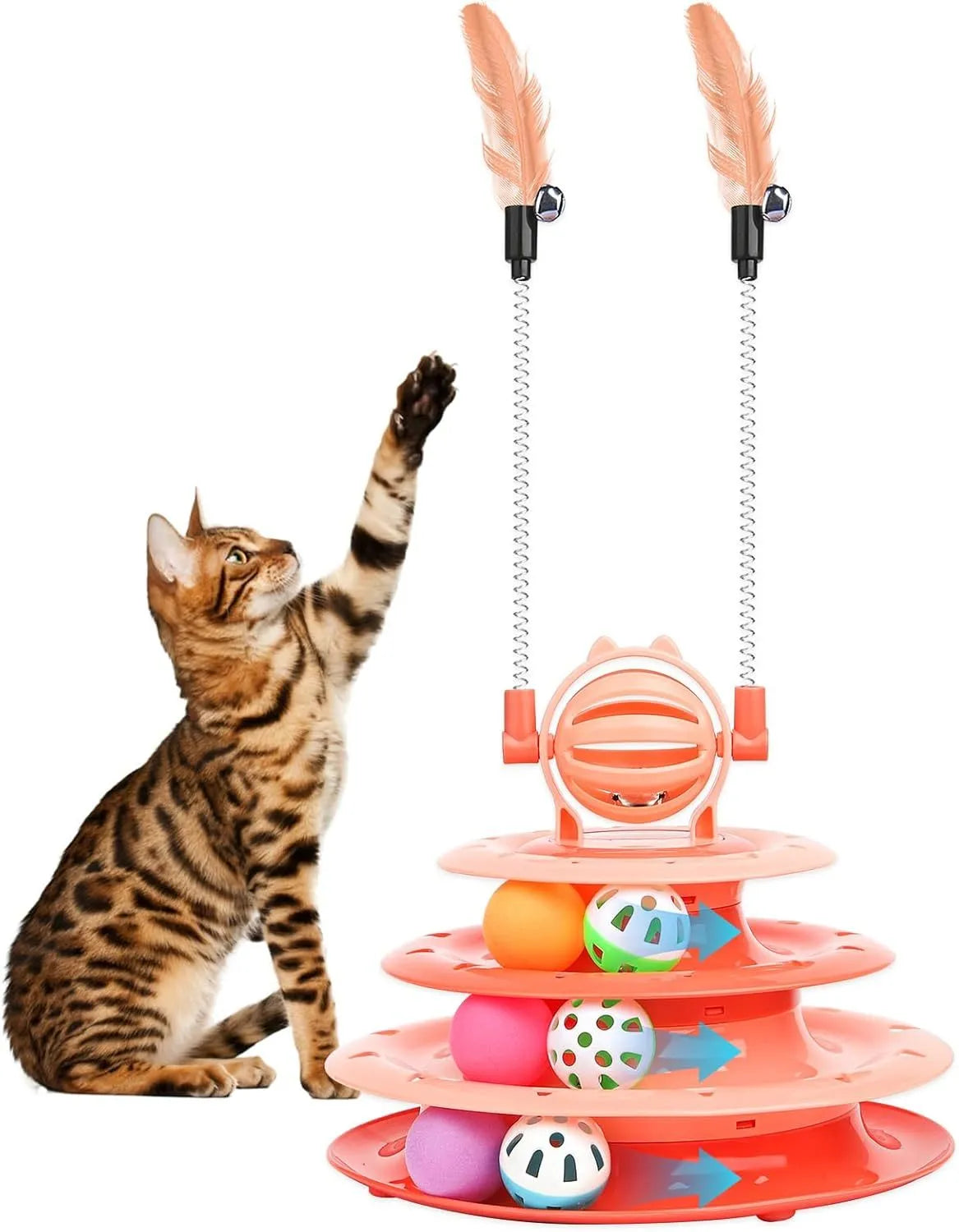 Blue 4-tier interactive cat puzzle toy with balls and teasing rods