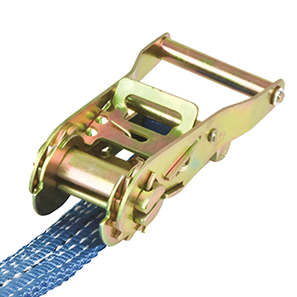 Steel ratchet tensioner fastening strap with double hooks and grey polyester webbing.