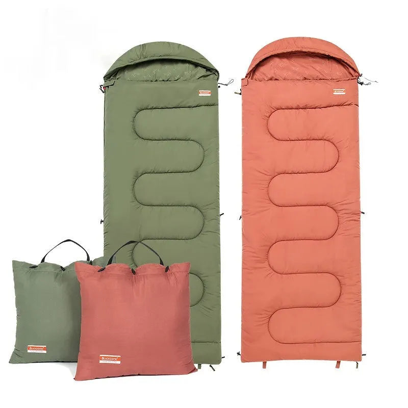 Ochre and olive green 100% cotton ultra-light portable sleeping bag quilt for outdoor camping.