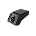 Black car dash cam mounted on windscreen with forward-facing lens and power cable