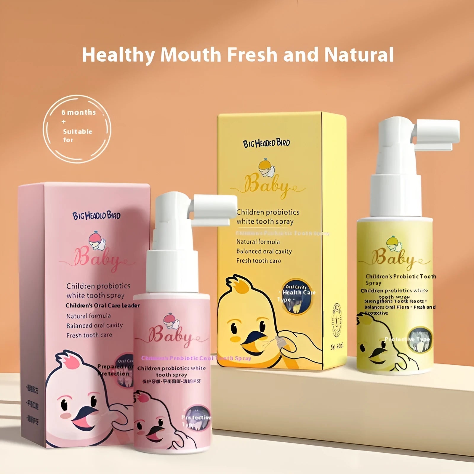 Children's probiotic teeth cleaning spray bottle in strawberry and orange flavours
