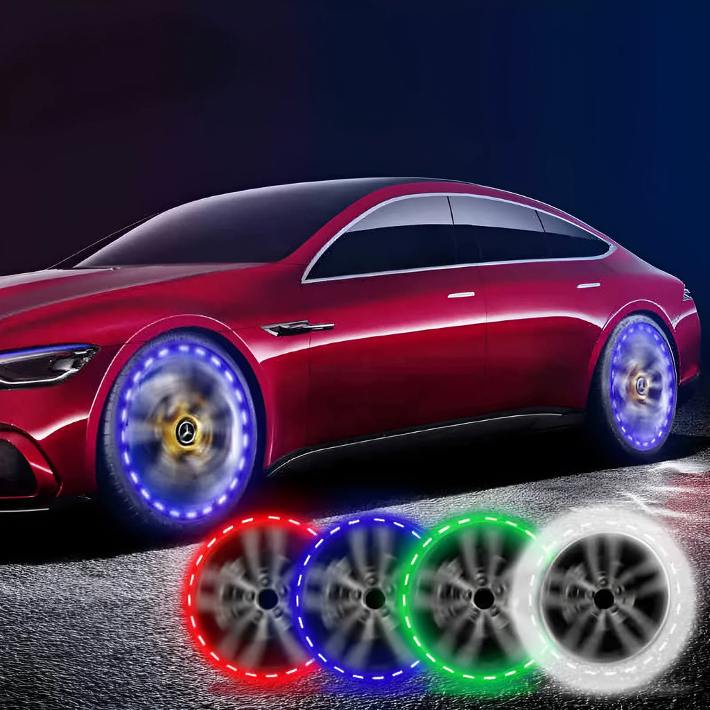 Colourful solar-powered LED decorative light for mounting on a vehicle wheel hub