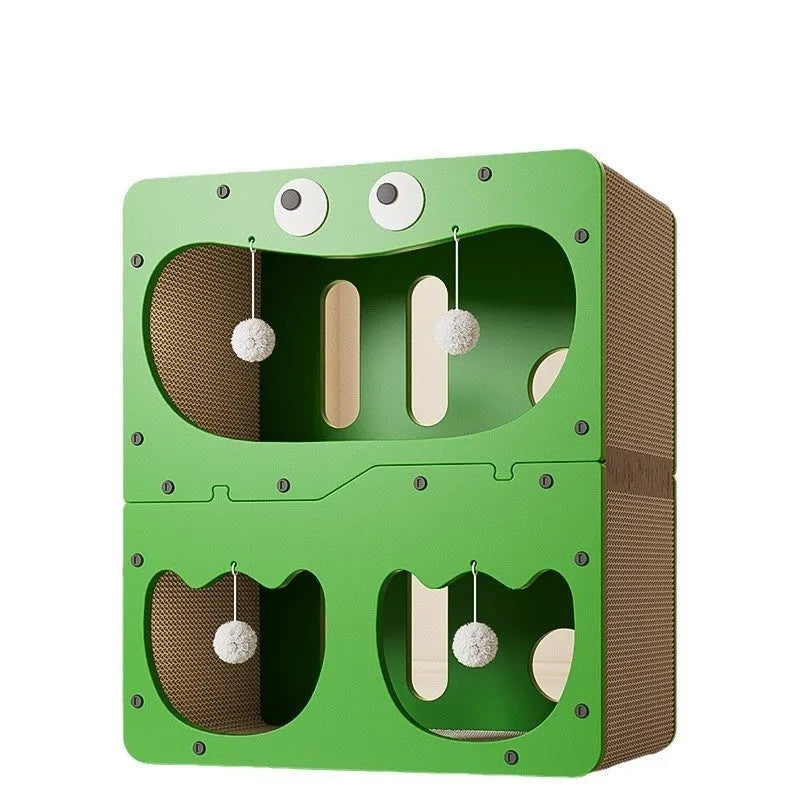 Double-layer cat scratching board nest with wear-resistant surface showing big eyes decorative style option