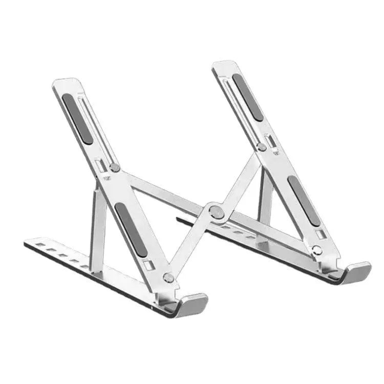 Silver aluminum alloy folding laptop cooling stand on a wooden table