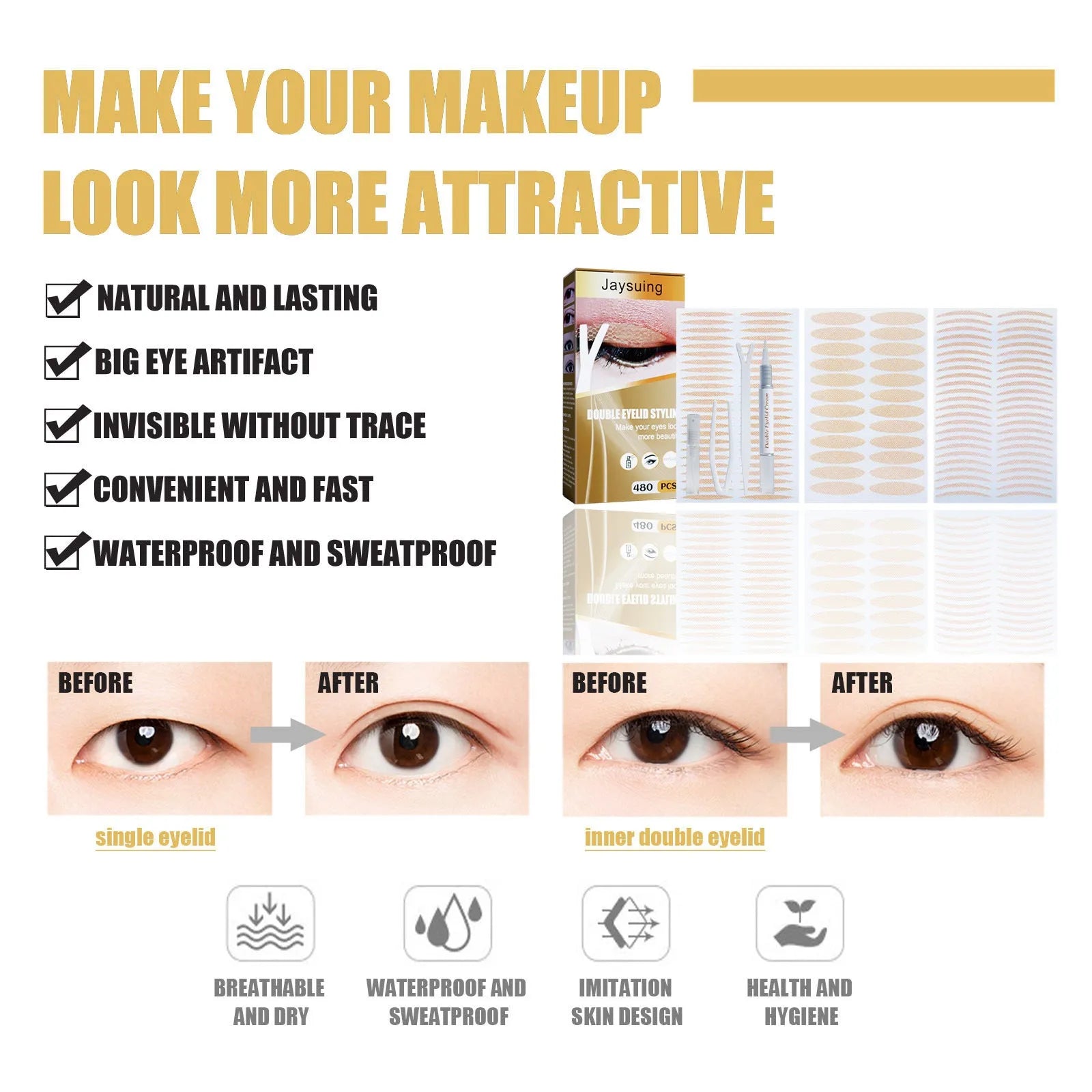 Double eyelid sticker set with 12 sheets of 480 invisible stickers and application tools