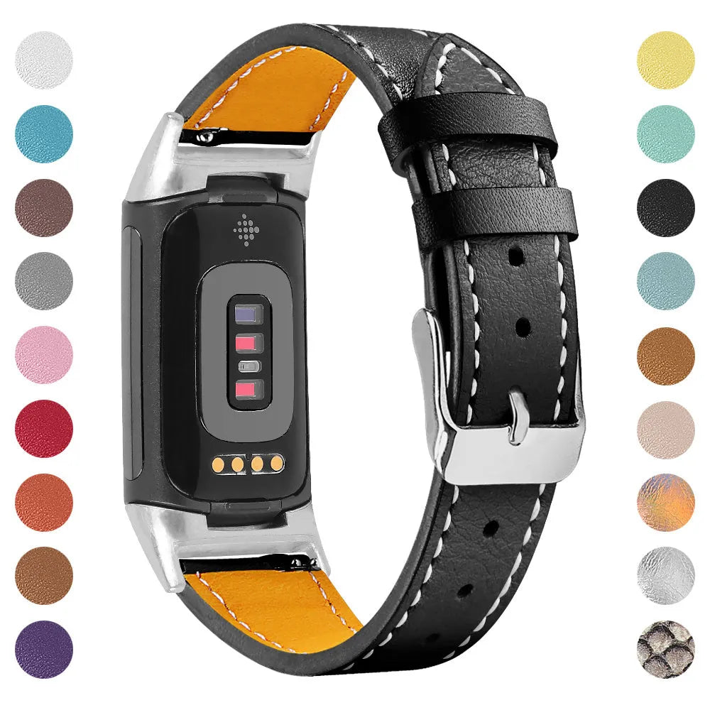 Genuine leather replacement strap for Fitbit Charge 5 and Charge 6 fitness trackers in various colours.