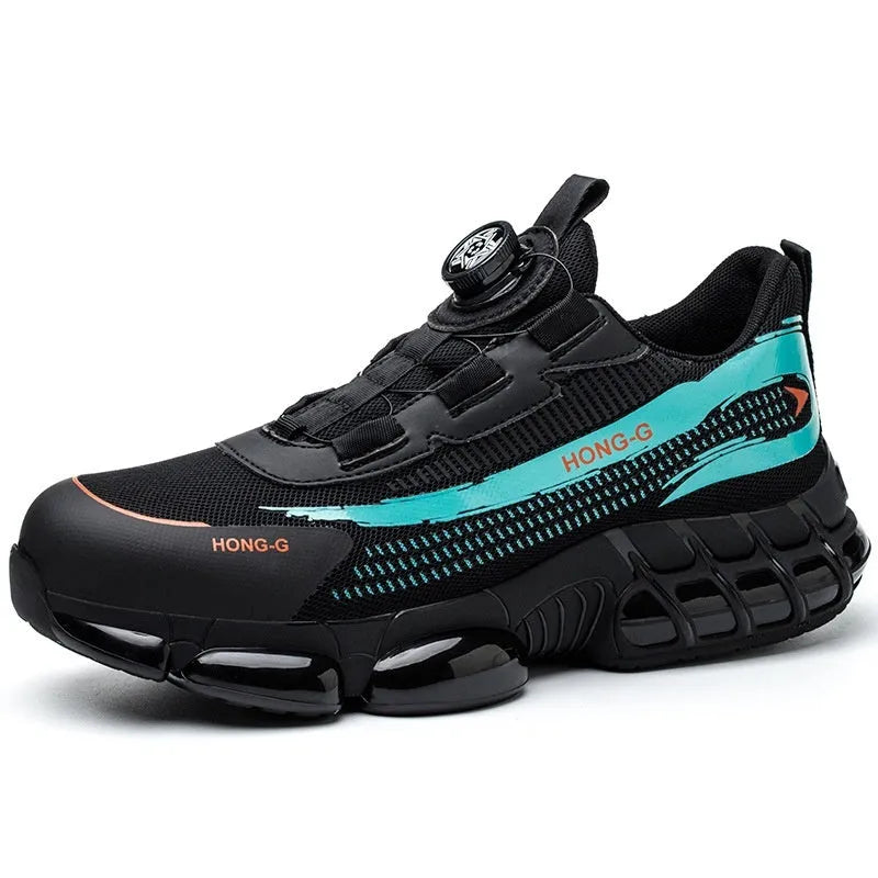 Men's low-top black work safety shoes with lace-up front and breathable Flyknit upper.