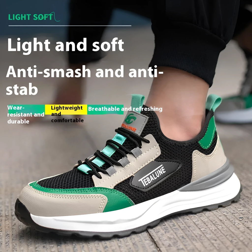 Black and green men's safety shoes with a mesh upper and plastic steel toe cap on a white background.