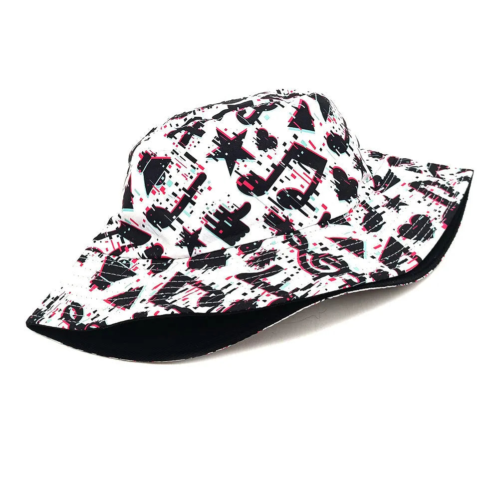 A retro bucket hat with a musical note pattern print, shown in a dome crown style.