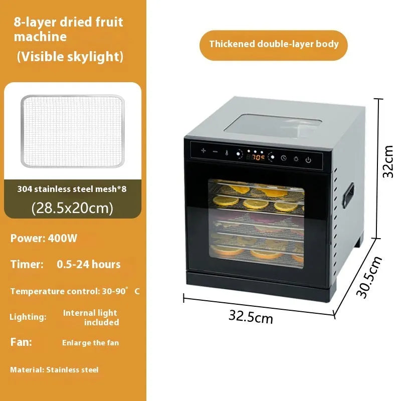 Stainless steel fruit dehydrator with LED control panel and multiple drying trays