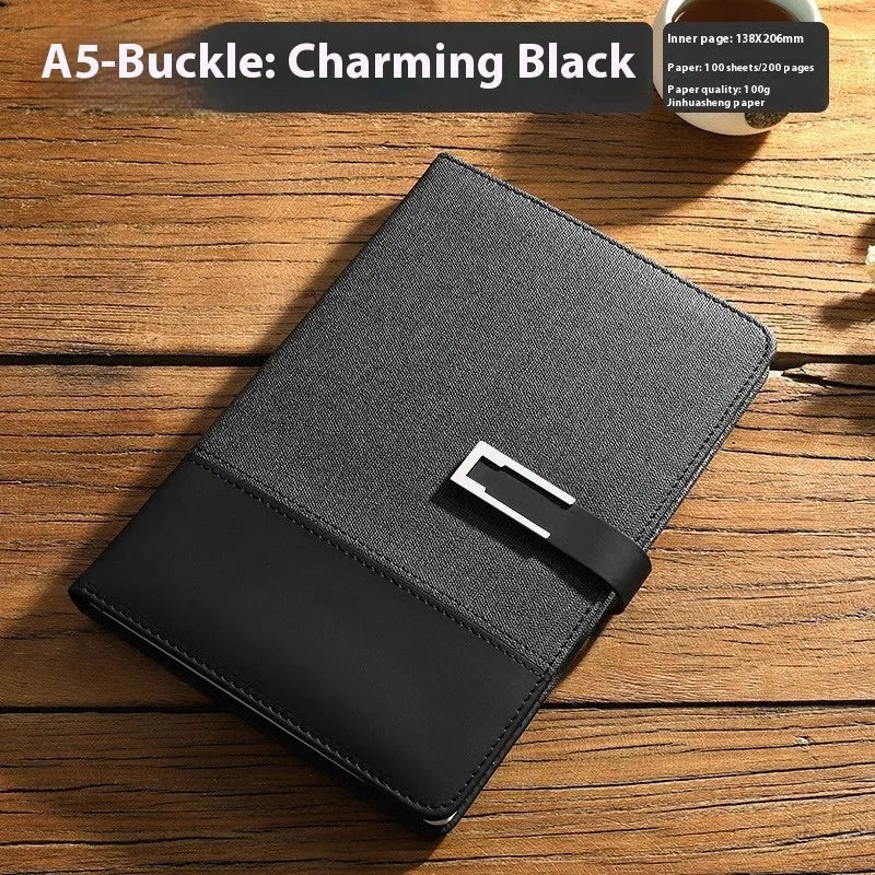 A5 soft PU leather business notebook in brown, open on wood-free paper pages.