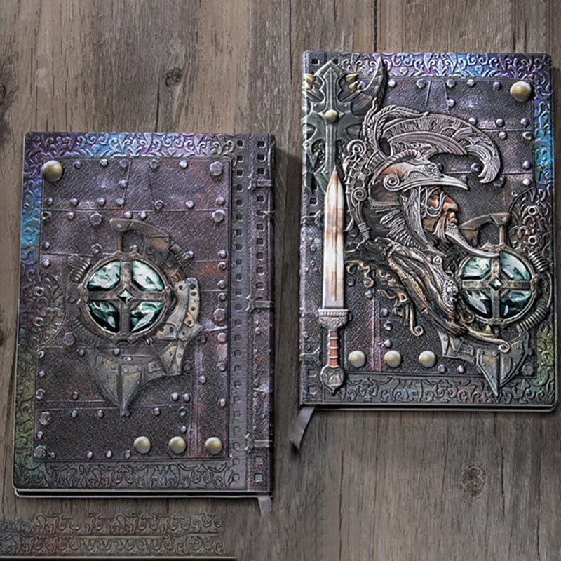A5 leather notebook with embossed 3D warriors relief design on cover in multiple colour options