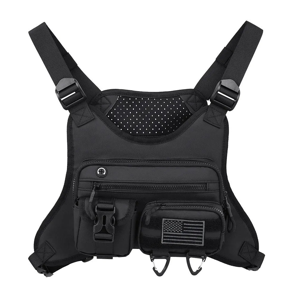 Men's black outdoor sports chest bag in a vest style, made from Oxford cloth.