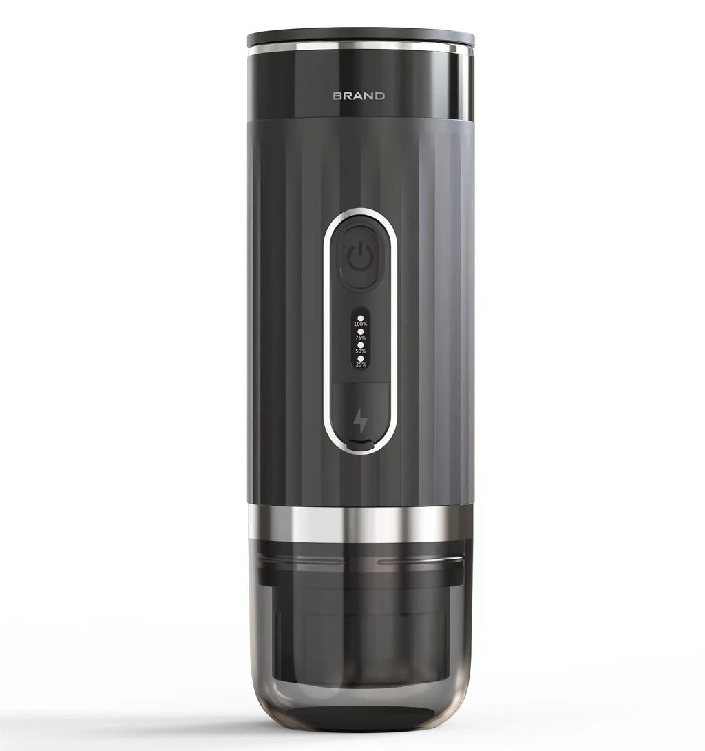 Black portable coffee machine for vehicles and outdoor use with K-cup pod compatibility