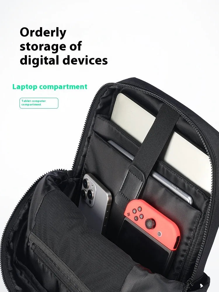 Elegant black Oxford cloth computer backpack with 20-35 litre capacity and polyester lining