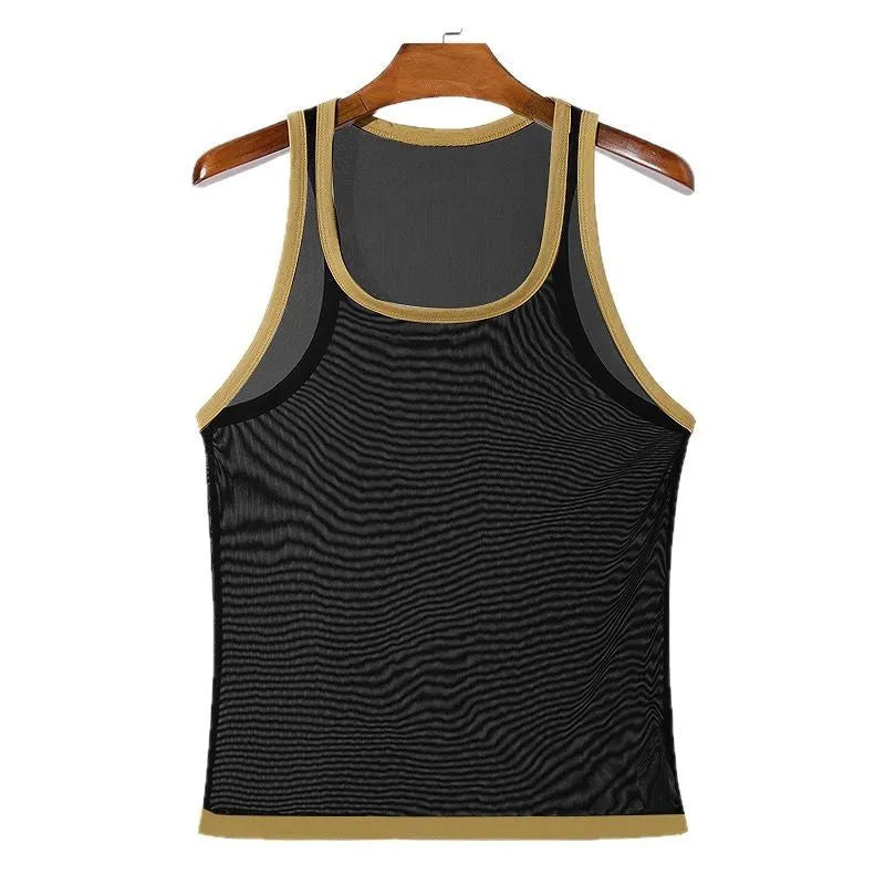 Men's black mesh sports vest with straight hem design, shown front view