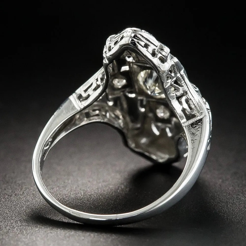 Silver geometric hollow-out ring with diamond studs on copper electroplated band