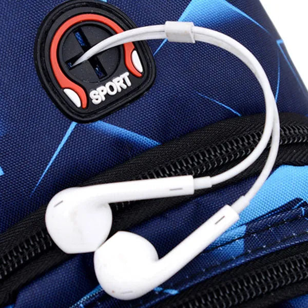 Men's blue print sling chest bag with earphone hole, shown worn crossbody.