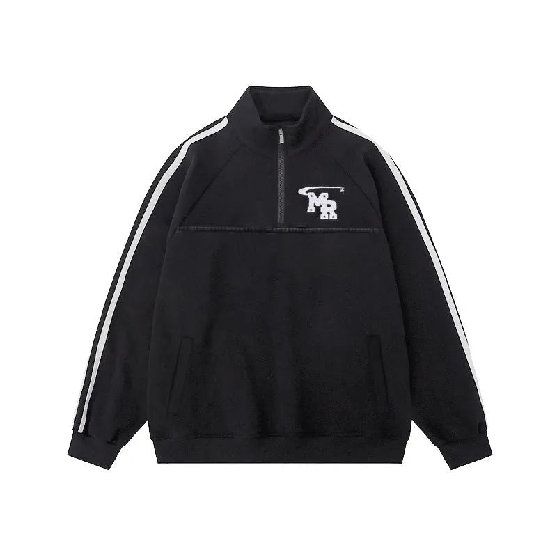 Black Hong Kong style stand collar polyester hoodie jacket for men's sports and casual wear