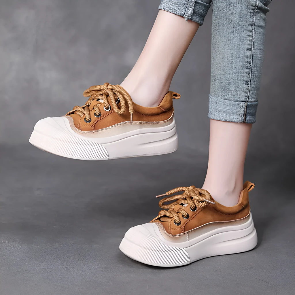Women's full grain cow leather lace-up casual shoes in yellow and cameo brown colours