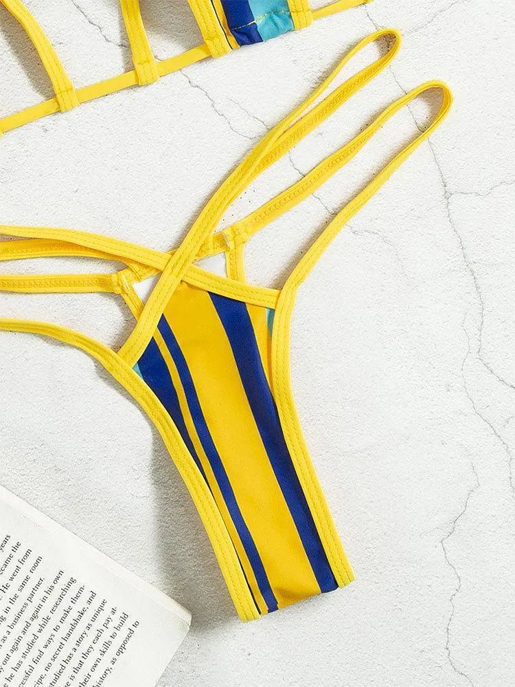 Yellow women's split swimsuit with hollow design and neck-hanging style