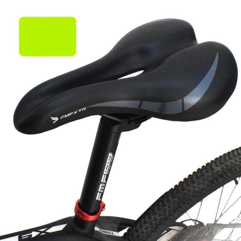 Bike saddle cushion with hollow centre design showing dimensions and double rail mounting system