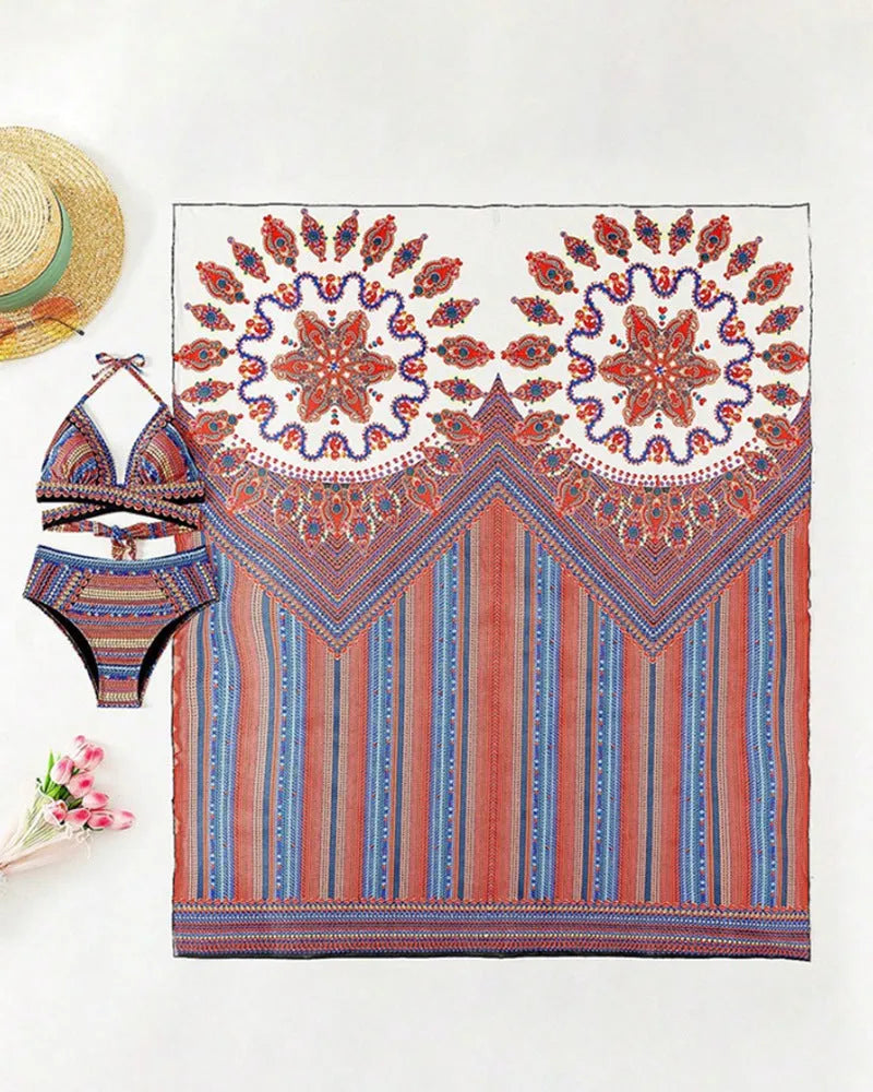 Cross-border Arrival women's three-piece swimsuit set showing high-waist bikini bottom, cutout blouse top, and coat.