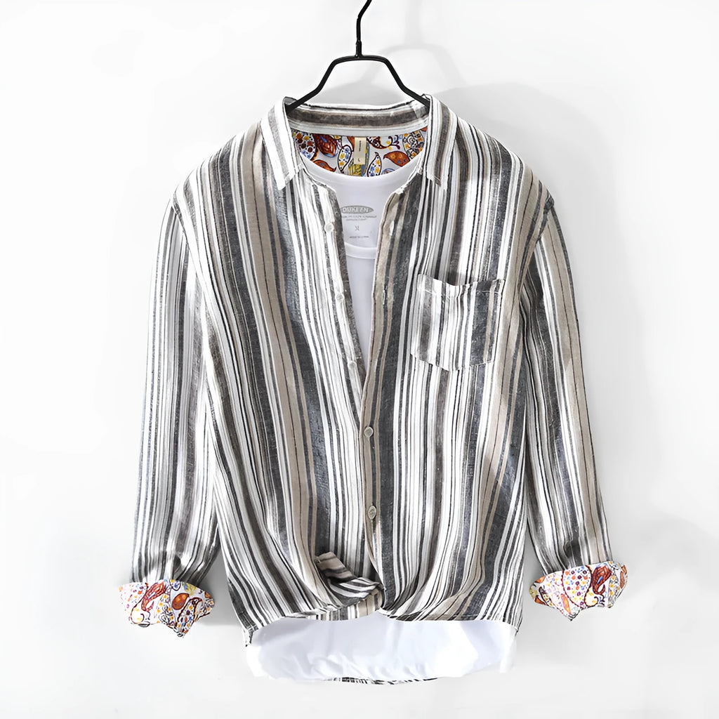 Men's linen striped shirt in red or grey with long sleeves and loose casual fit