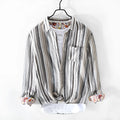 Men's linen striped shirt in red or grey with long sleeves and loose casual fit
