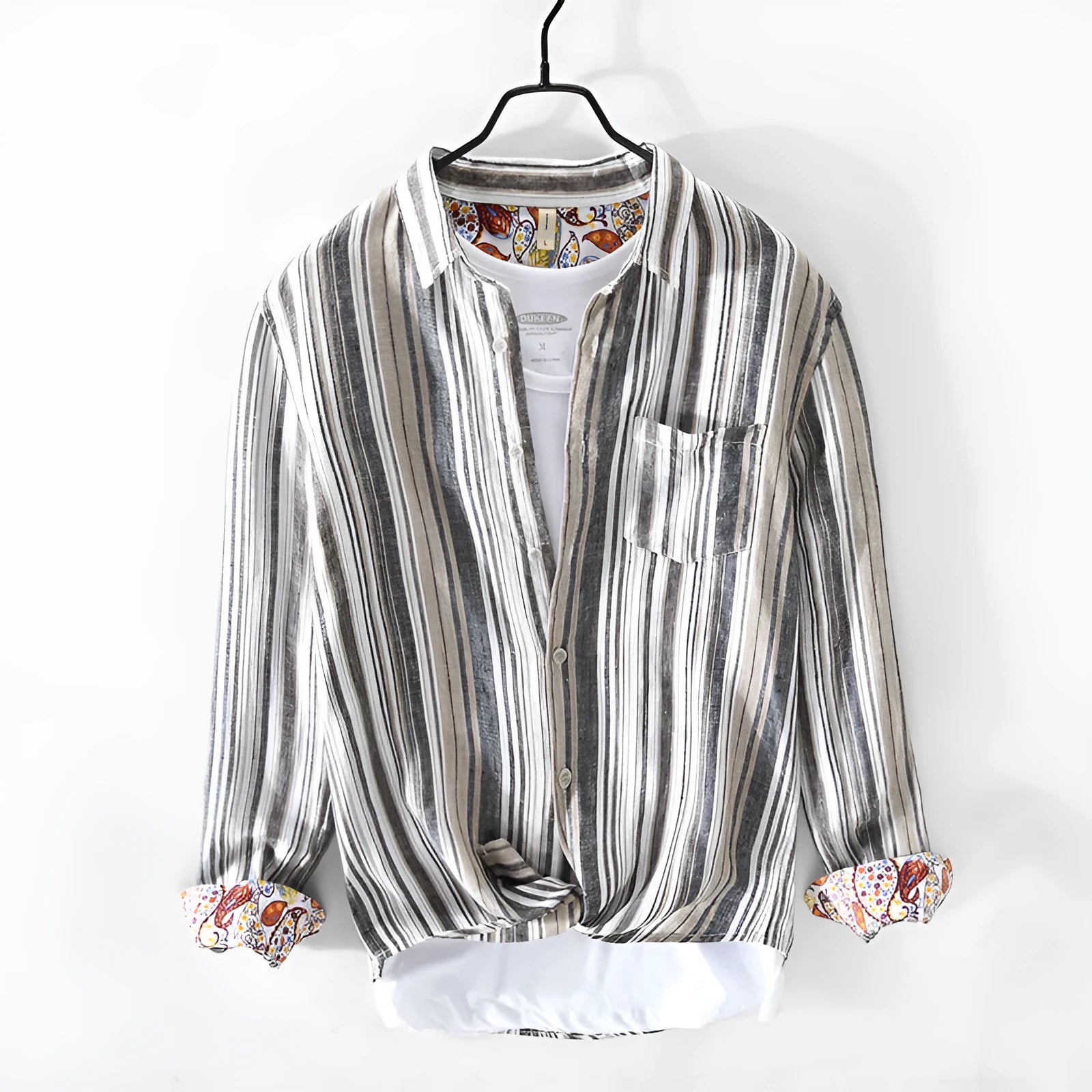 Men's linen striped shirt in red or grey with long sleeves and loose casual fit