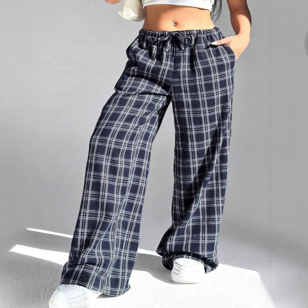 Blue plaid pocket on women's loose-fit casual trousers with a drawstring waistband.