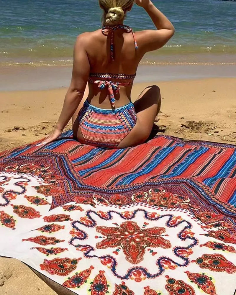 Cross-border Arrival women's three-piece swimsuit set showing high-waist bikini bottom, cutout blouse top, and coat.