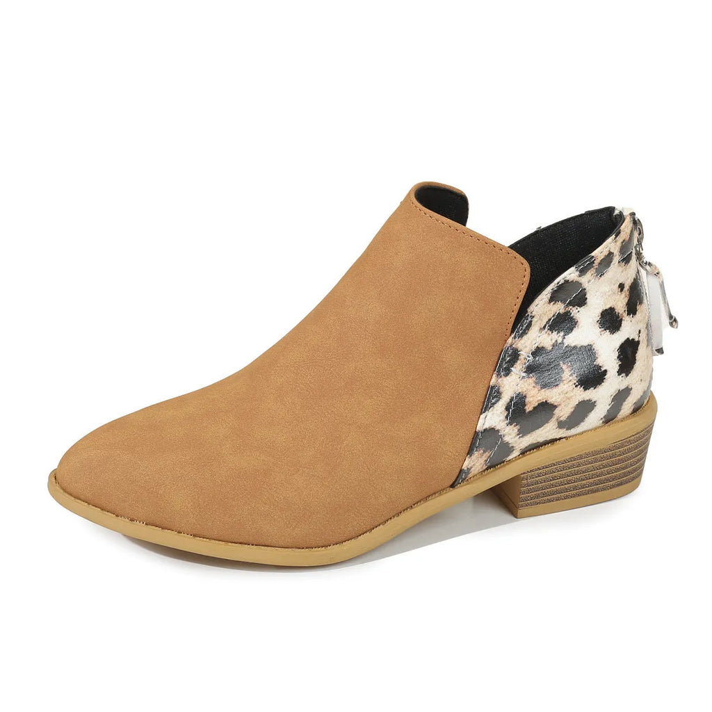Leopard print women's boots with pointed toe, chunky heel, and back zipper in beige suede