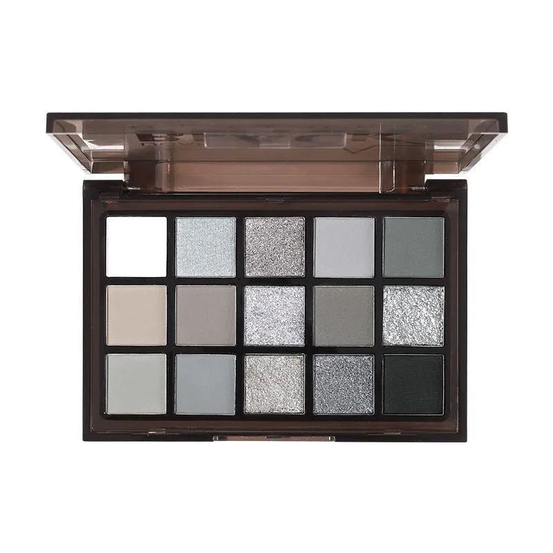15-colour eye shadow palette showing matte and shimmer finishes in earthy tones